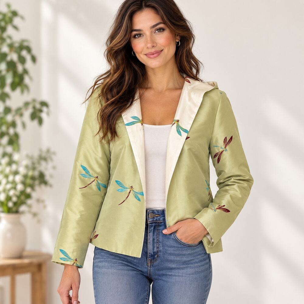 Womens Reversible Satin Dragonfly Embroidered Hooded Jacket Green Ivory Size S